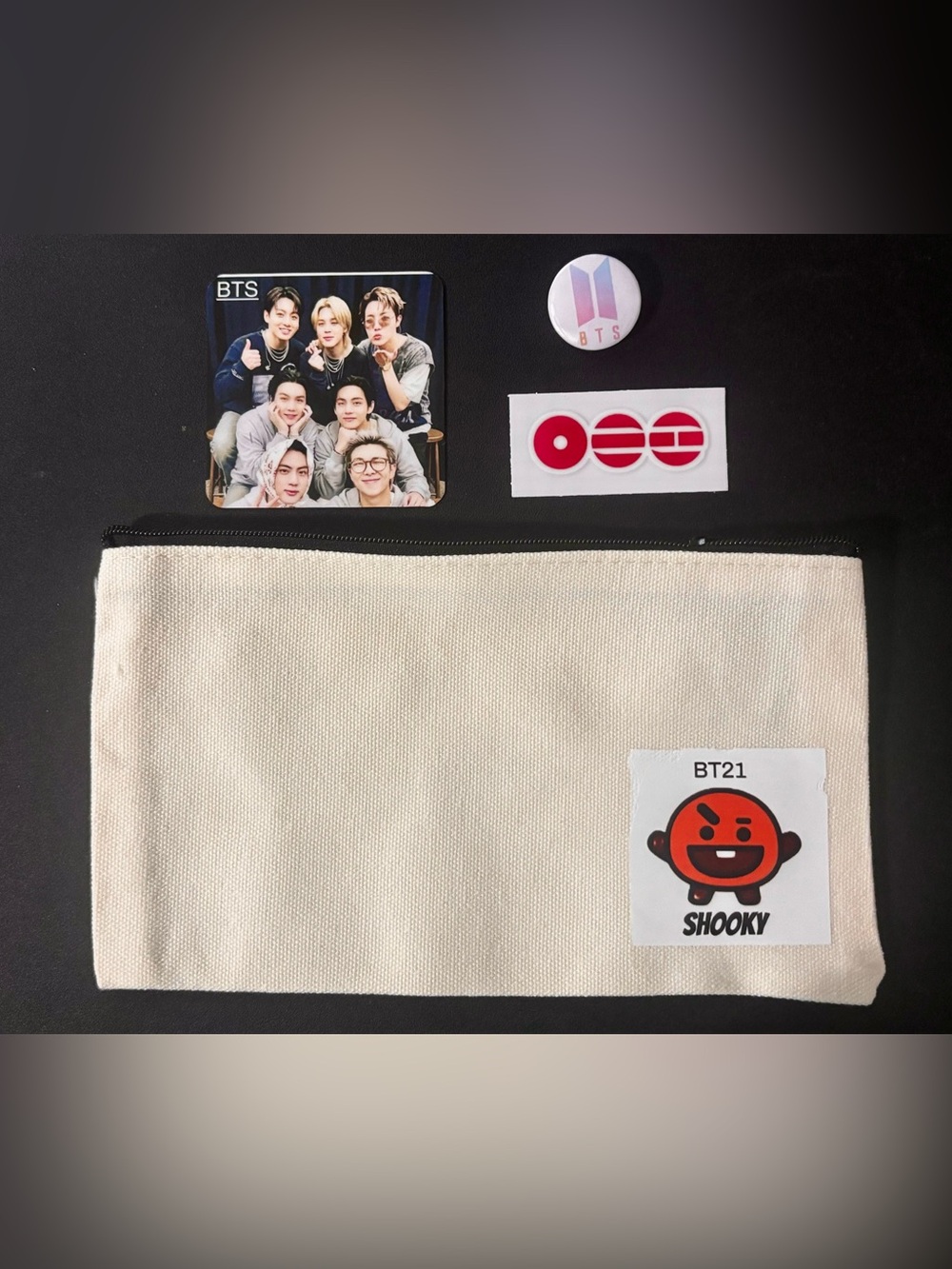 Canvas Pencil Case or Cosmetic
Pouch with Arirang Sticker Decal BTS pin & Magnet